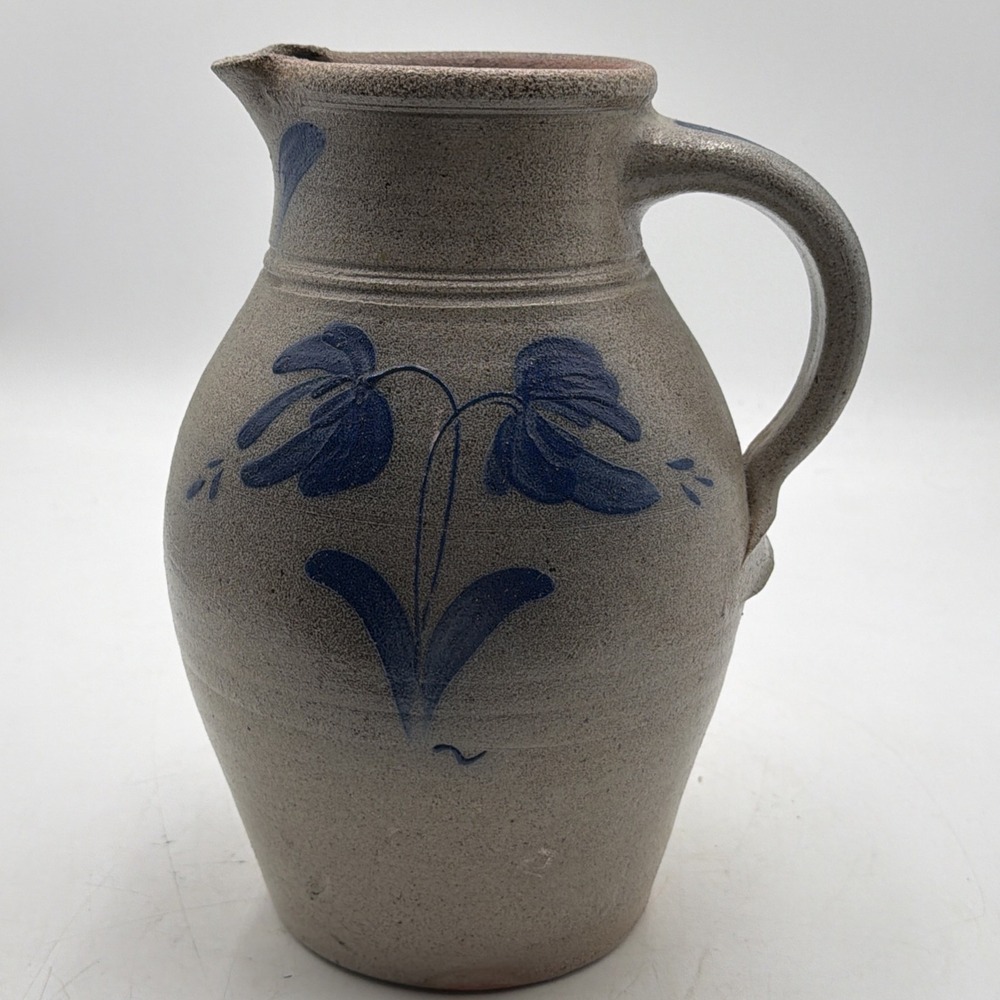 Large Vintage 1984 Rowe Pottery Pitcher Jug 12" Cobalt Blue Floral Design
